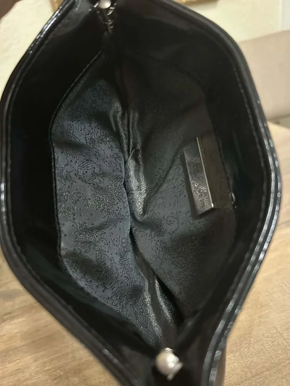 Lauren Merkin Black Patent Leather Pleated Evening Clutch Handbag